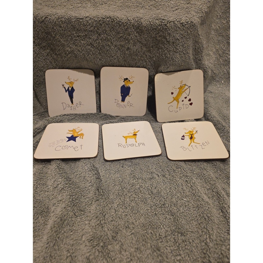 Pottery Barn Reindeer Cork Coasters Christmas Reindeer Rudolph Set Of 6‎